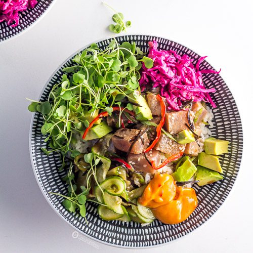 Homemade Spicy Tuna Poke Bowl Recipe with spicy mayo.