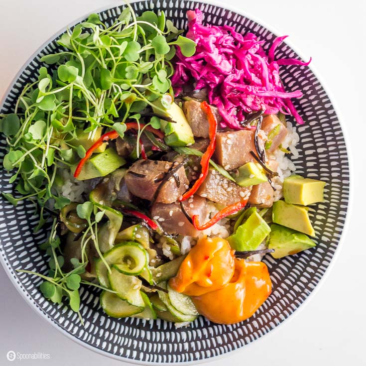 Spicy Tuna Poke Bowl with Ahi Tuna and Hot Pink Mayonnaise by Victoria Amory. You can make this easy #pokebowl recipe at home. Spoonabilities.com