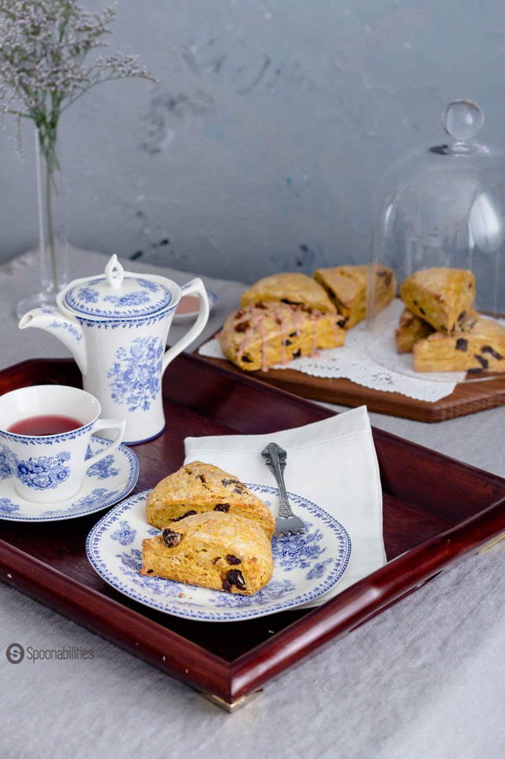 Tea time table set with plate of Cherry Pumpkin Scones
