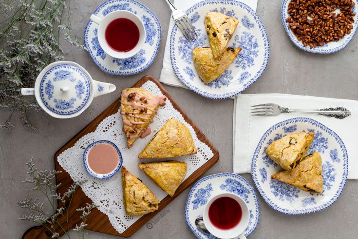 Table set for afternoon tea for two people with Cherry Pumpkin Scones. Excellent for a quick breakfast or snack, or even dessert. Spoonabilities.com
