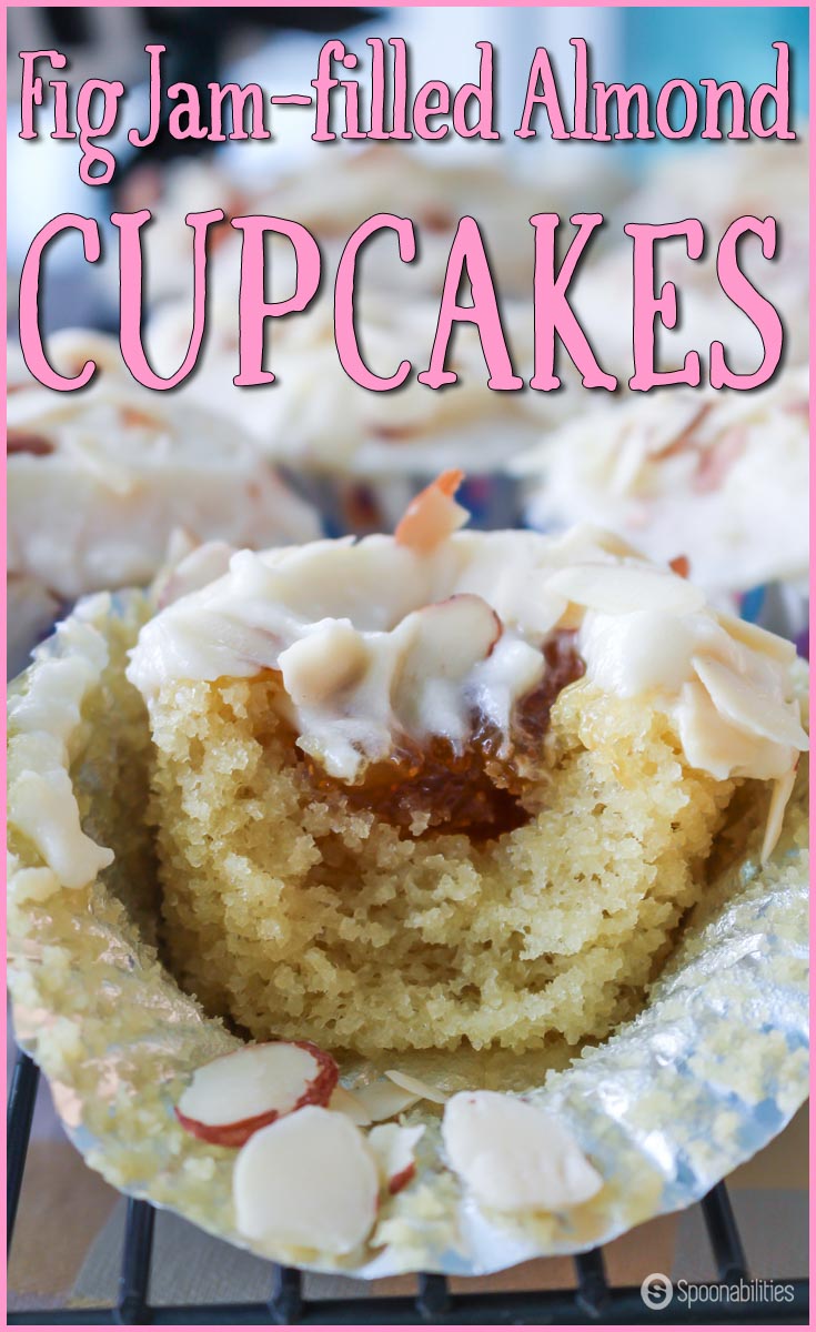 Best cupcake recipe because it has two of my favorite ingredients: Fig Almond Spread and almond flour. Fig Jam Filled Almond #cupcakes are moist, fluffy, and have a fruity filling, and sweet and creamy frosting. Gluten-free recipe. Spoonabilities.com