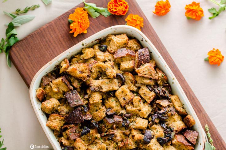 This Mushroom Stuffing recipe is packed with fresh herbs and veggies. Flavorful stuffing with a meaty and earthy taste from Shiitake, Cremini, and White Mushrooms. Spoonabilities.com