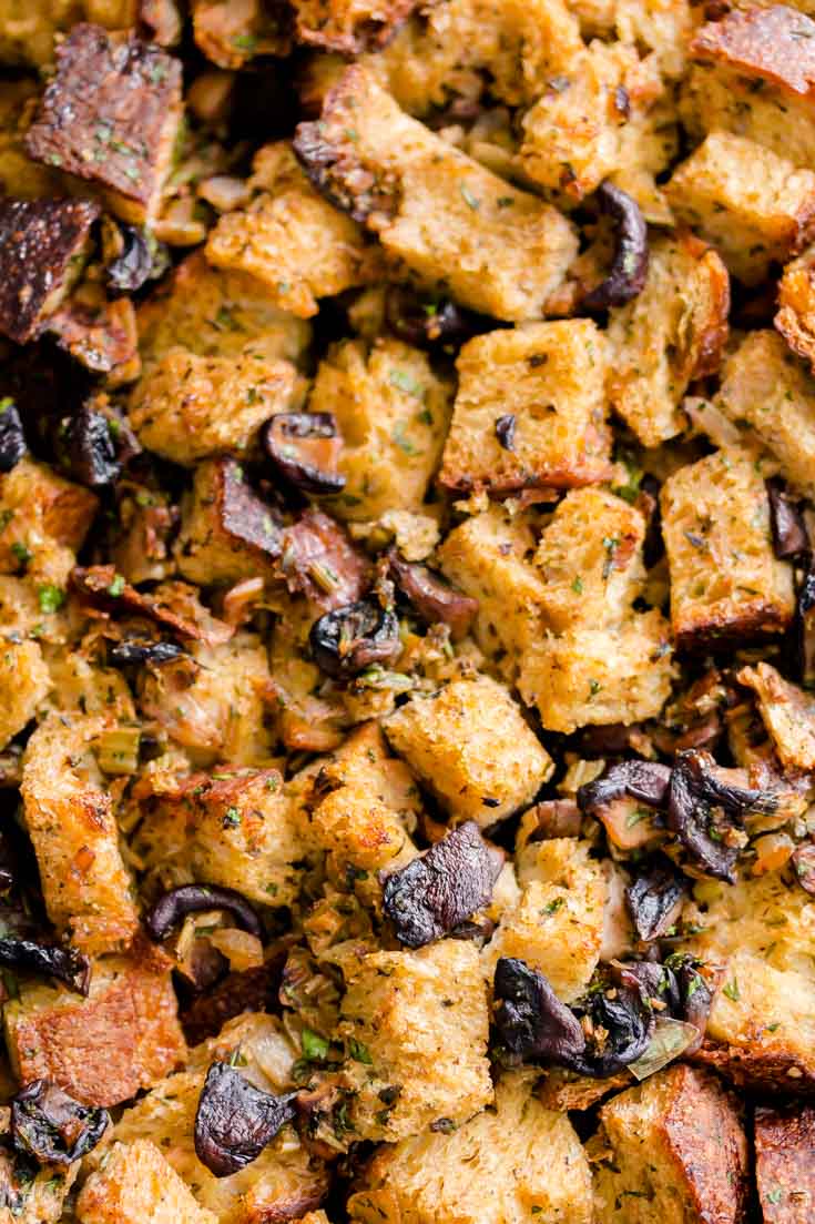 Shiitake Cremini White Mushroom Stuffing is your new favorite side dish for holiday gatherings and Thanksgiving dinner. Spoonabilities.com