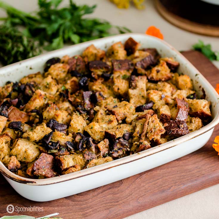 Shiitake Cremini White Mushroom Stuffing has protein and fiber from sourdough bread. Excellent side dish recipe for Thanksgiving or Christmas dinner. Spoonabilities.com