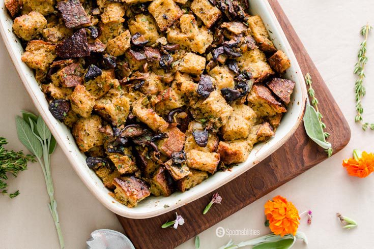 Shiitake Cremini White Mushroom Stuffing recipe is flavorful with fresh herbs, veggies, and a meaty taste from the mushrooms. Spoonabilities.com