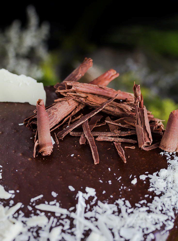 Death by Chocolate cake with chocolate ganache. Decorated with semi-sweet chocolate curls. Spoonabilities.com