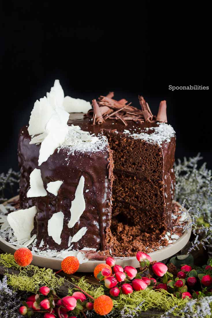 Death by Chocolate cake with chocolate ganache. Decorated with semi-sweet chocolate curls and white chocolate shards. Spoonabilities.com