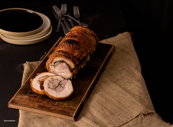 Pork Porchetta. Italian dinner recipe of pork belly seasoned with fennel, garlic, sage, sea salt smoked in beechwood. Spoonabilities.com