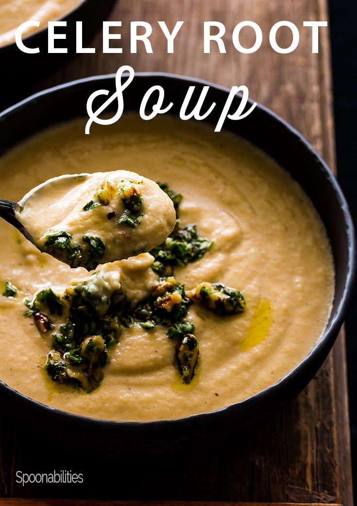 Creamy Celery Root Soup with Walnut-Parsley Gremolata. Easy soup recipe for a flavorful bisque-like soup. Learn about celery root and if it’s the same a celery. #celeryroot #souprecipes #soup #recipeideas #vegetablesoup Spoonabilities.com