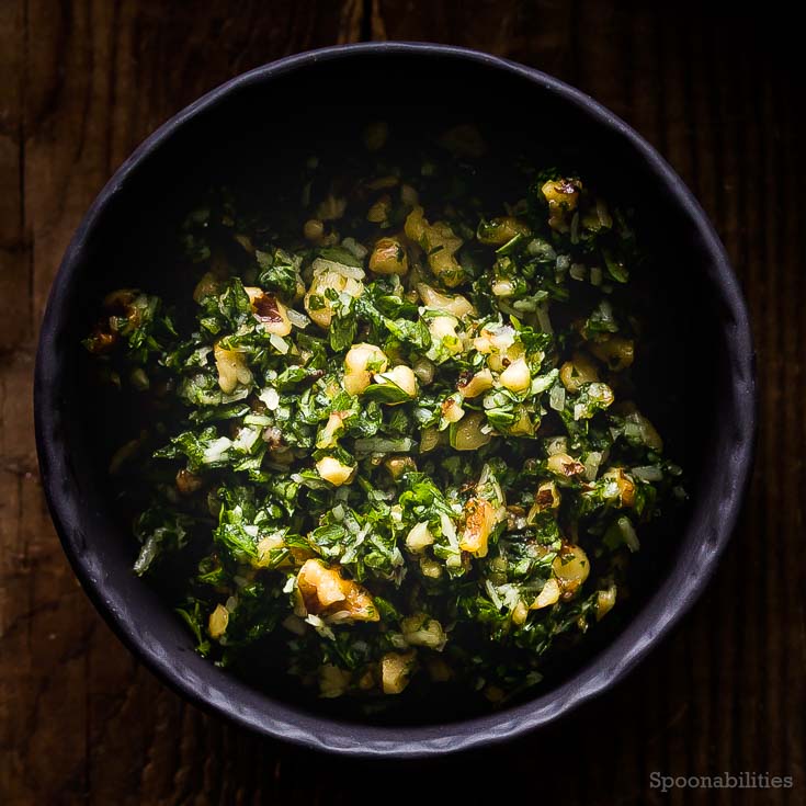 Walnut-parsley gremolata on celery root soup. Gremolata or gremolada is a chopped herb condiment that traditionally accompanies meats, and can be used as a garnish. Spoonabilities.com