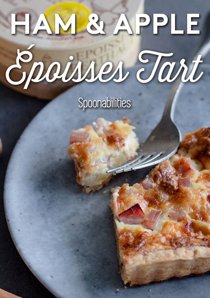 Époisses Ham Apple Tart. French appetizer or breakfast recipe with a custard filling of ham, pink lady apple, and stinky Époisses cheese. Spoonabilities.com