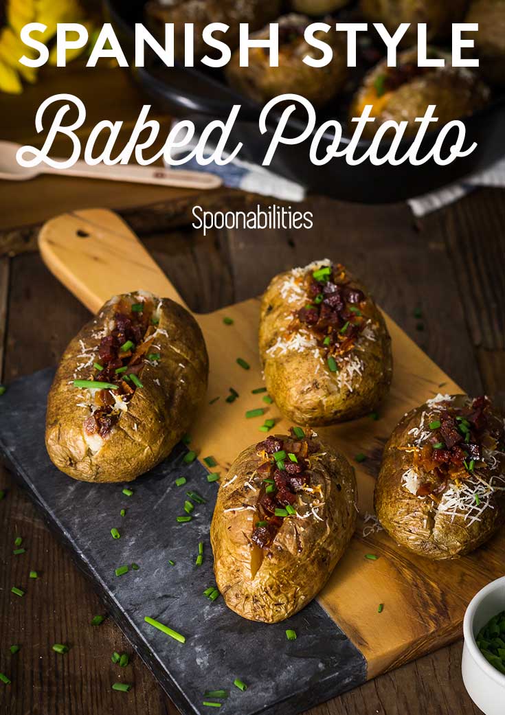 Spanish Style Double Baked Potato recipe. How to pick the best potatoes, and get a flavorful crispy skin. Loaded oven baked potato toppings. Spoonabilities.com
