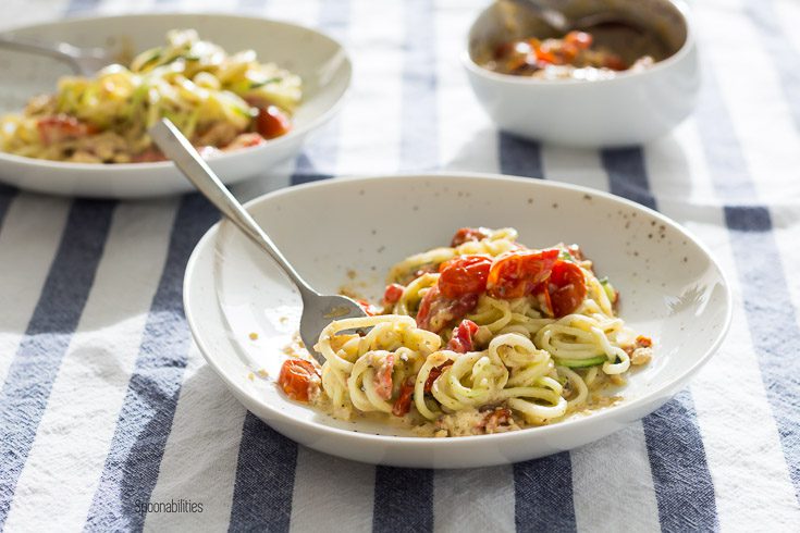 Bowl of Zucchini Noodles recipe is healthy, easy to make and packed with summer flavors. Recipe ready in under 30 minutes. Great for weeknight meals. Spoonabilities.com