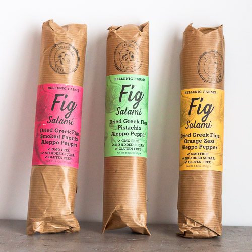 Vegan Fig Salami variety pack by Hellenic Farms. One each of Fig Salami with Pistachio; Fig Salami with Smoked Paprika; Vegan Salami with Orange Zest. Spoonabilities.com
