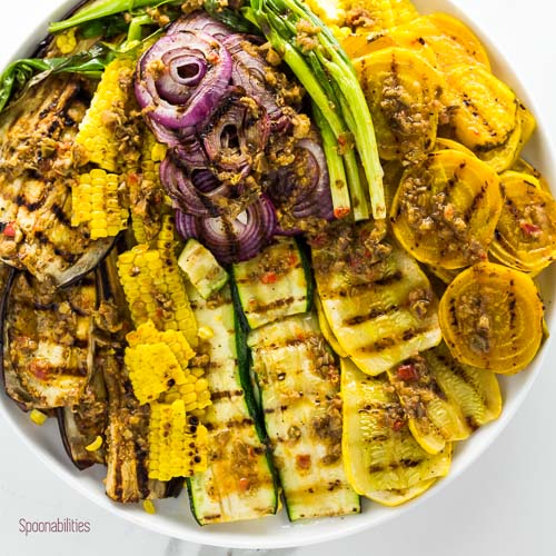 Grilled Summer Vegetables is an easy & healthy recipe with Mediterranean flavor of Black Olive Tapenade vinaigrette. Spoonabilities.com