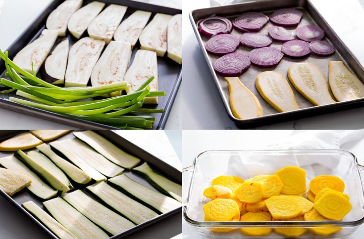 Sliced eggplant, red onion, yellow squash, zucchini & green onions in a baking tray. Also, sliced yellow beets in a glass baking dish. Spoonabilities.com
