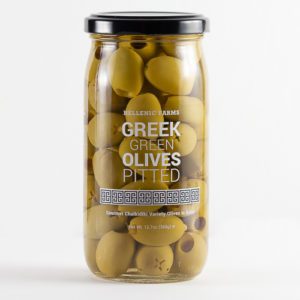 Greek Pitted Chalkidiki Green Olives in a glass jar from Hellenic Farms