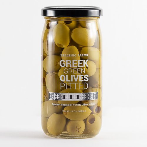 Greek Pitted Chalkidiki Green Olives in a glass jar from Hellenic Farms