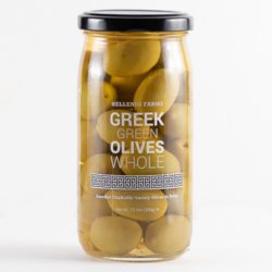 Greek Chalkidiki Whole Green Olives in a glass jar from Hellenic Farms