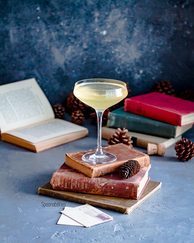 Gin Prosecco Cocktail in a coupe glass on top of antique books. The scene is inspired by the 1950 years. Spoonabilities.com