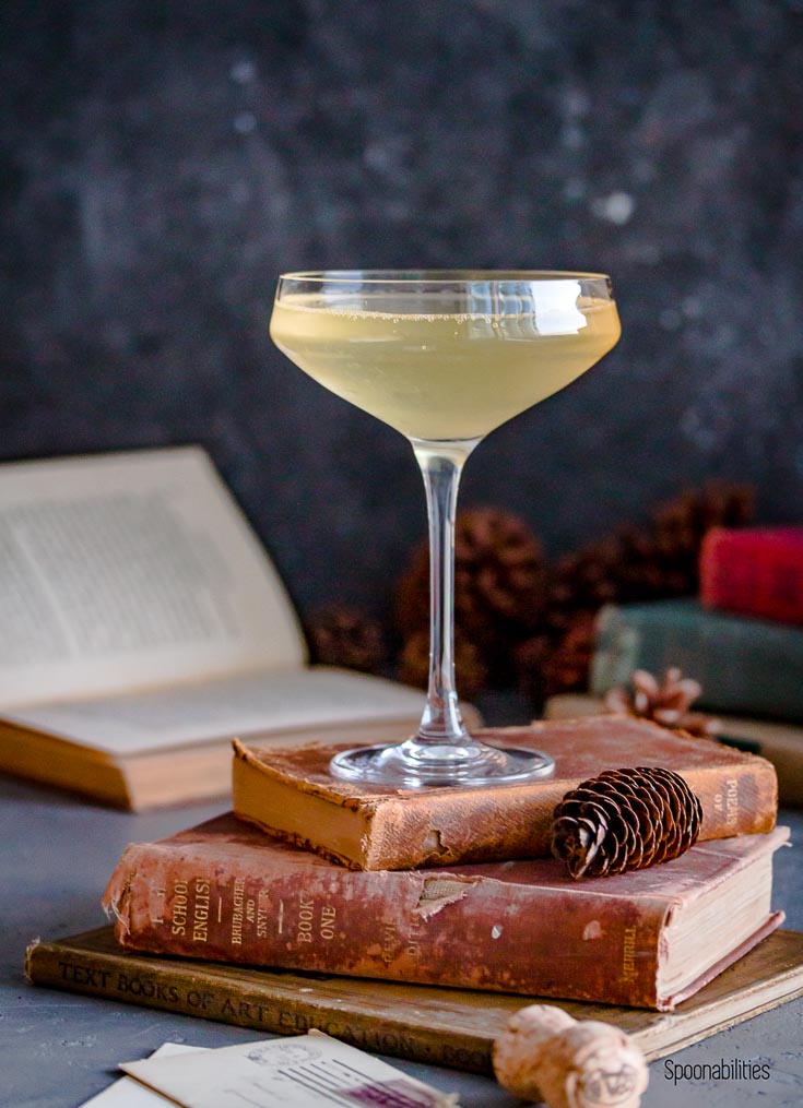 Hero shot of Gin Prosecco Cocktail on top of antique books. Spoonabilities.com