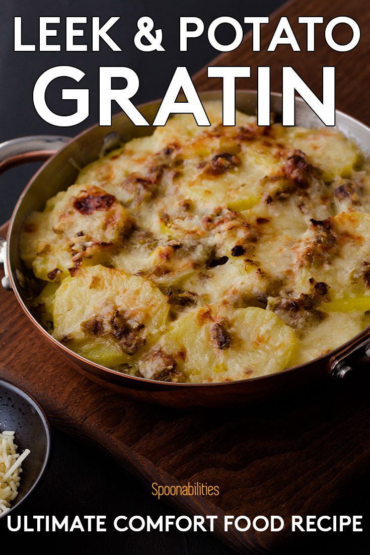 closeup shot of full pot of leek and potato gratin
