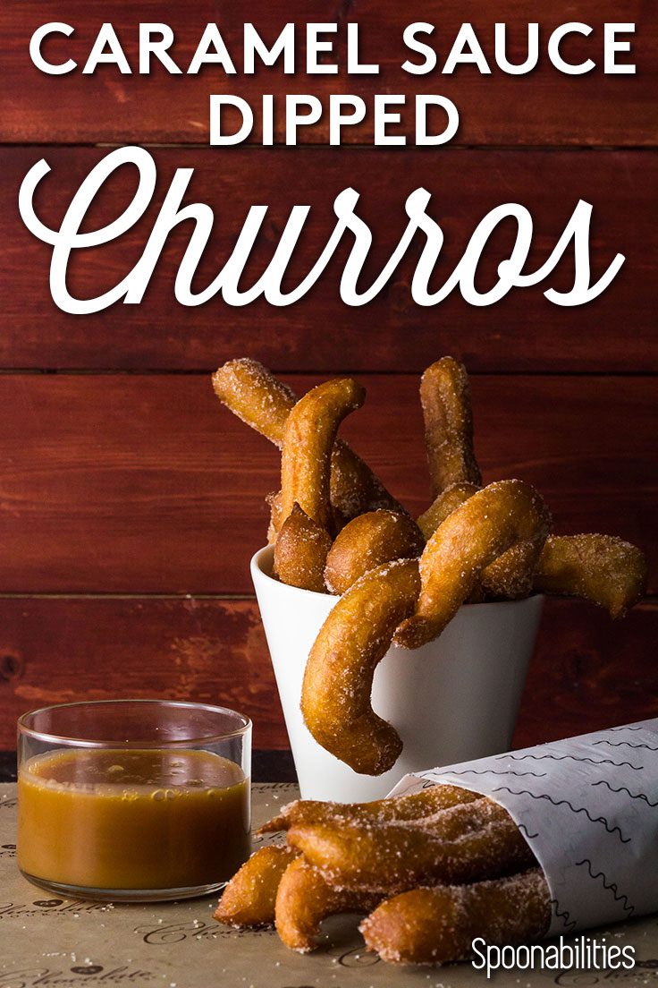 Churros dipped in Salted Caramel Sauce. Salted Caramel Sauce has a perfect sweet-salty balance and silky smooth textures with deep and rich flavor. Spoonabilities.com