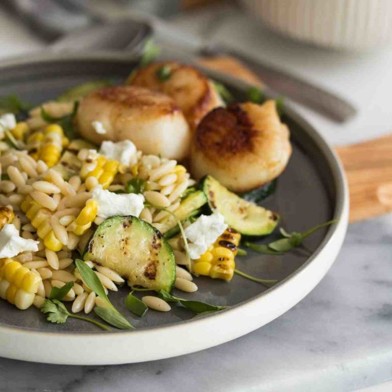 Grilled Corn Zucchini Orzo Salad with creamy garlic mayonnaise salad dressing. Recipe available at Spoonabilities.com