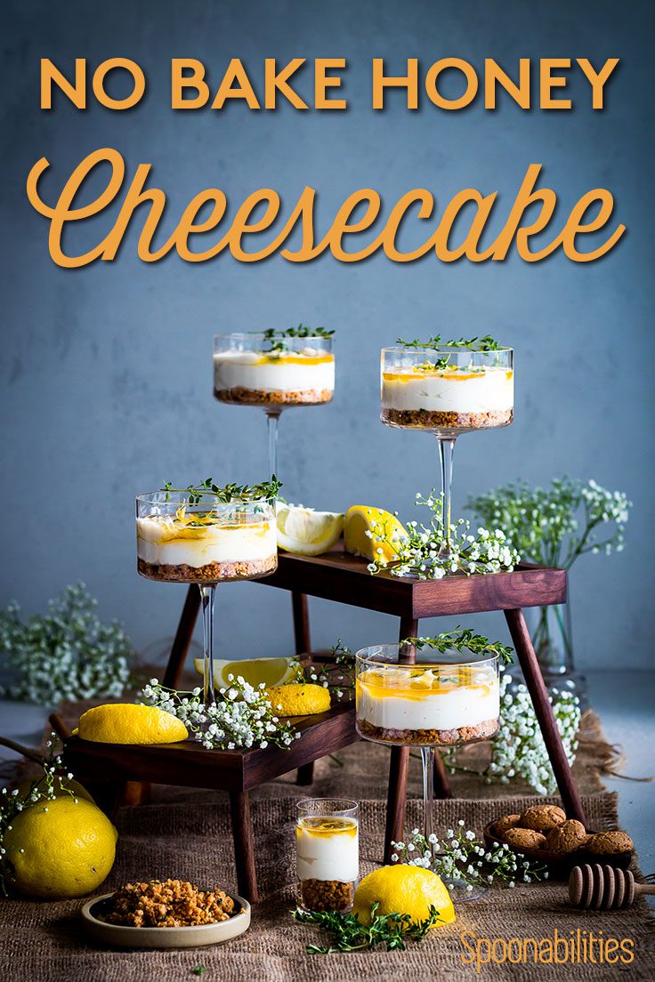 Four No Bake Honey Cheesecakes in individual glasses