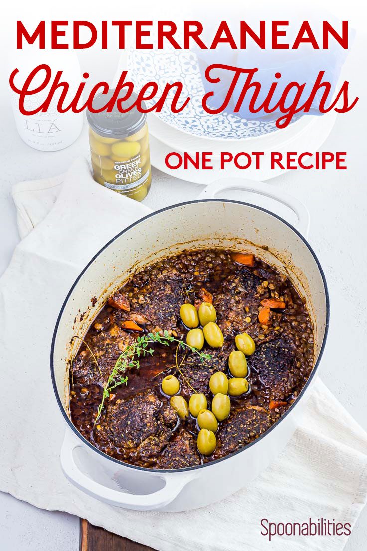Mediterranean Chicken Thighs in white Dutch Oven pot