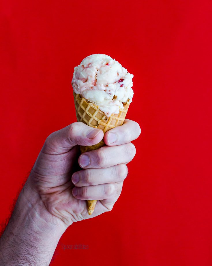 Two balls of ice cream in a cone with a hand holding the cone with a red background. Spoonabilities.com