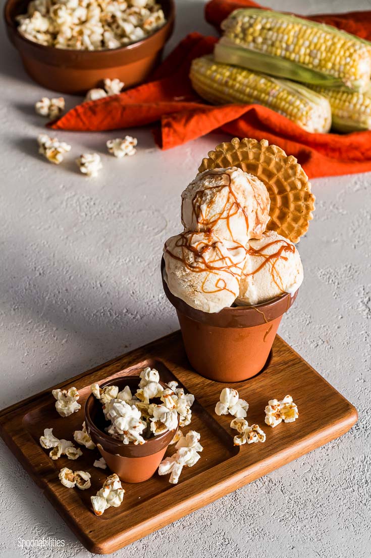 Three ice cream scoop in a terracotta container with popcorn. Spoonabilities.com