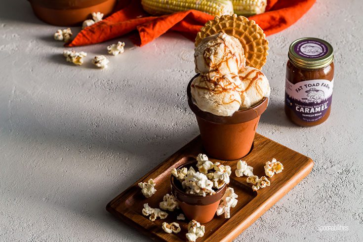 Horizontal photo with a wooden tray with a terracotta pot with three scoop of ice cream. Next to the ice cream a jar of Goat's milk caramel sauce. Spoonabilities.com