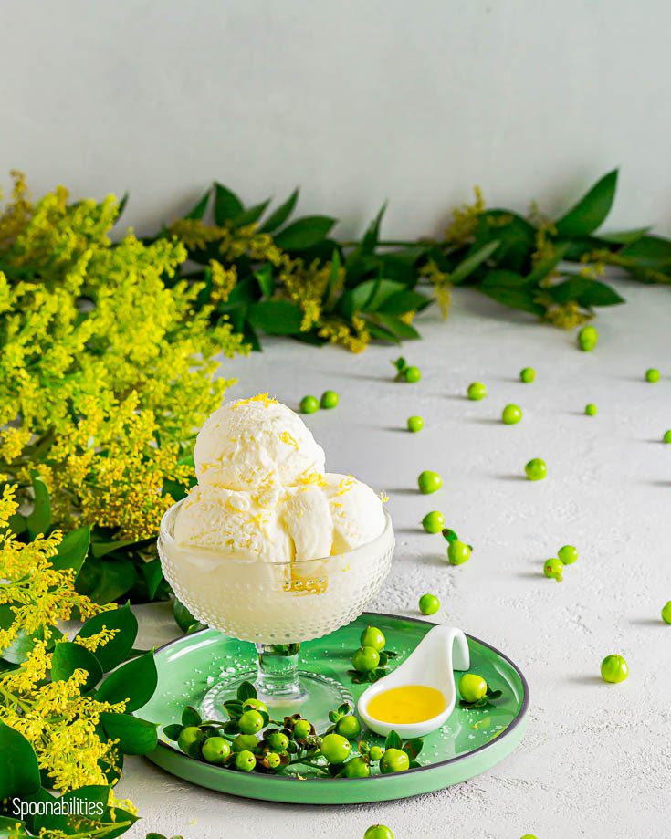 Glass dessert bowl with three ice cream scoop on a green round plate with a white porcelain spoon with olive oil. Spoonabilities.com