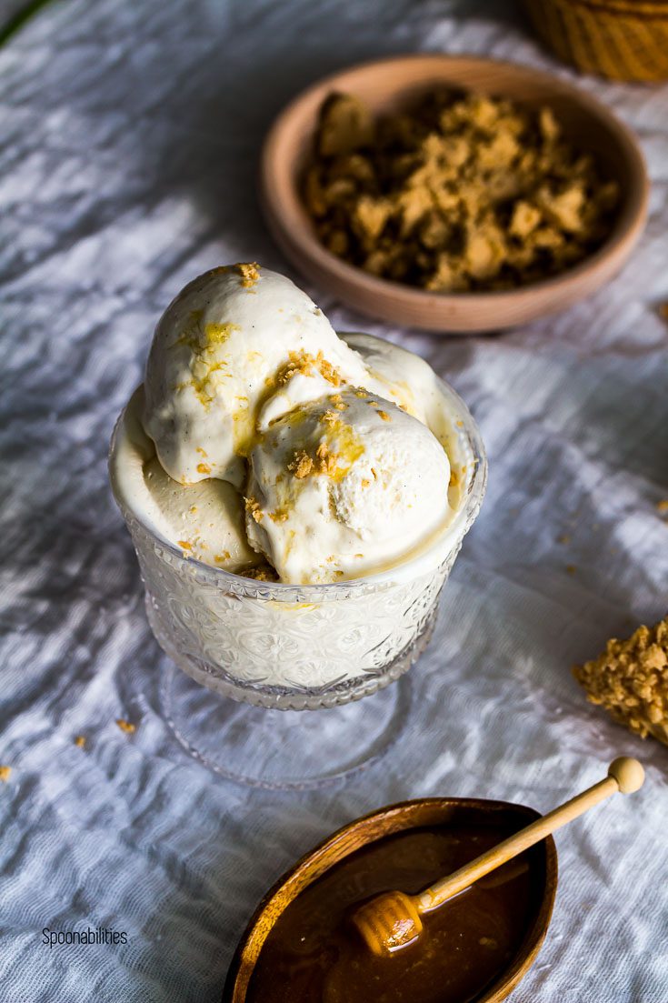 Homemade Labneh ice cream topped with sesame halva and Leatherwood Honey. Spoonabilities.com