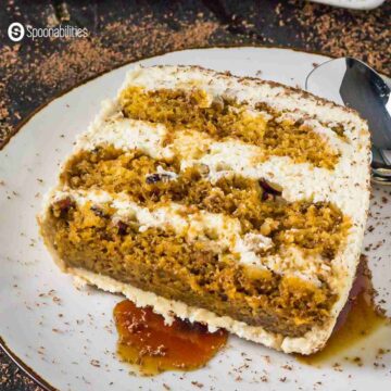 closeup shot of single slice of Pumpkin Tiramisu Cake