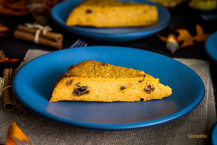 A piece of the Dominican Arepa in a blue plate. Spoonabilities.com