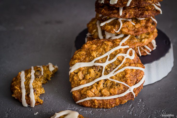 Close up of the Oatmeal Raisin Maple Bourbon Cookies. Spoonabilities.com