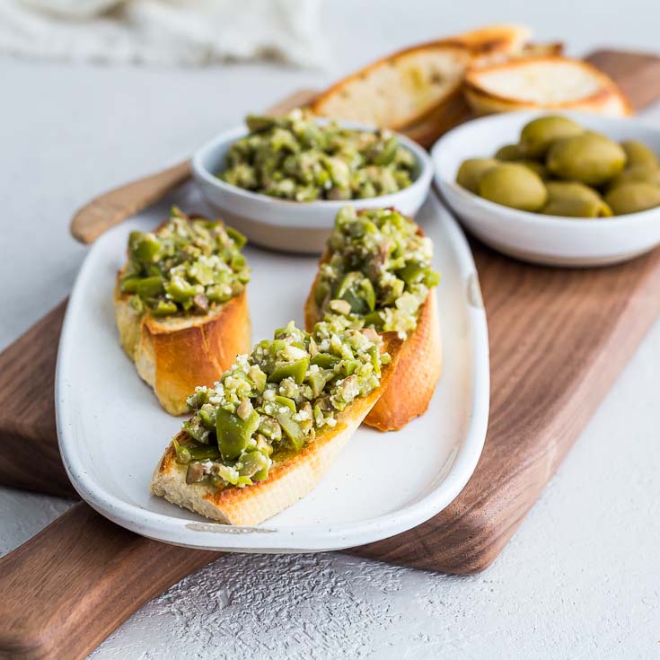 Closeup of Greek Green Olive Crostini