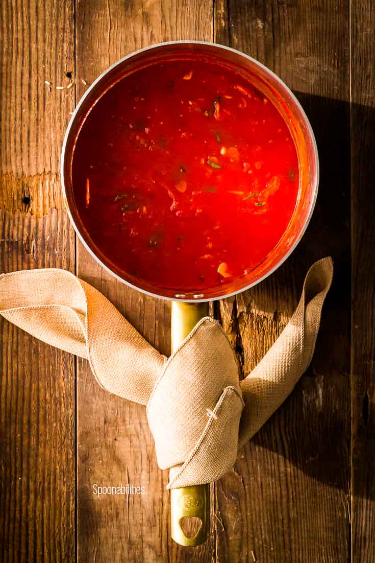 San Marzano Tomato Sauce in a small saucepan. Spoonabilities.com