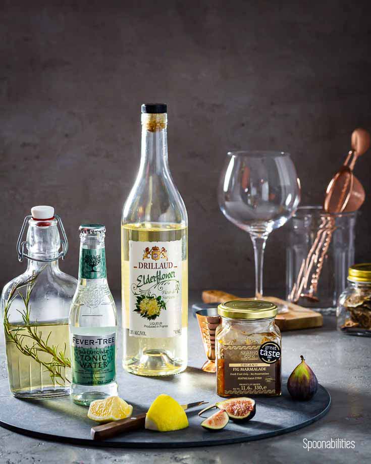 Tray of Rosemary Gin, Drillaud Elderflower Liqueur, Navarino Icons Fig Marmalade and Fever-tree Elderflower Tonic
