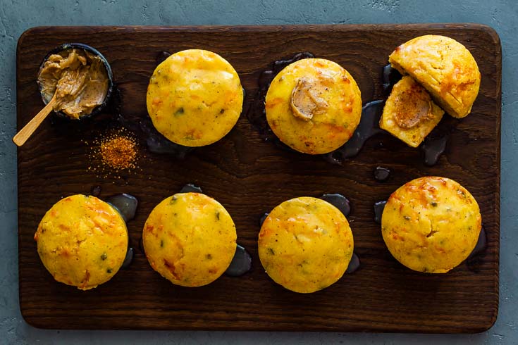 wooden tray of Jalapeno Cheddar Cornbread muffins