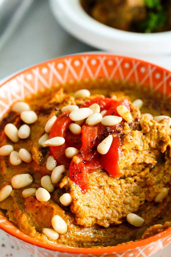 Roasted Red Pepper Hummus with pine nuts