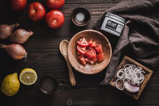 Ingredients of the tomato salad. tomatoes, shallots, lemon juice, shallots & Sea Salt Fleur De Sel. Available at Spoonabilities.com