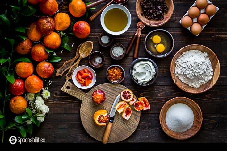 Blood Orange cake olive oil ingredients displayed on the table. Recipe at Spoonabilities.com