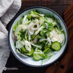 Fennel, Cucumber, & Celery Slaw in a round white/black bowl. Recipe at Spoonabilities.com
