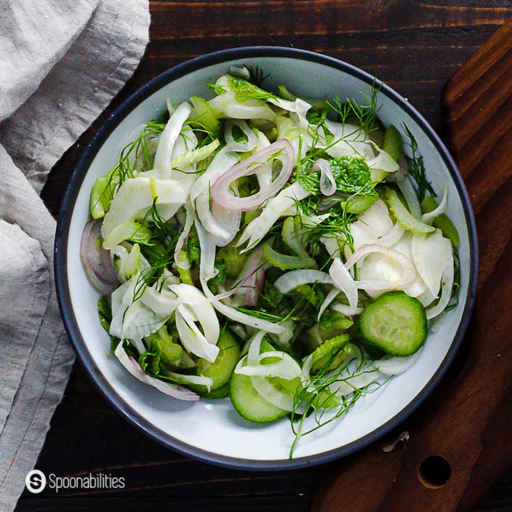 The Fennel, Cucumber, & Celery Slaw in a round white/black bowl. Recipe at Spoonabilities.com