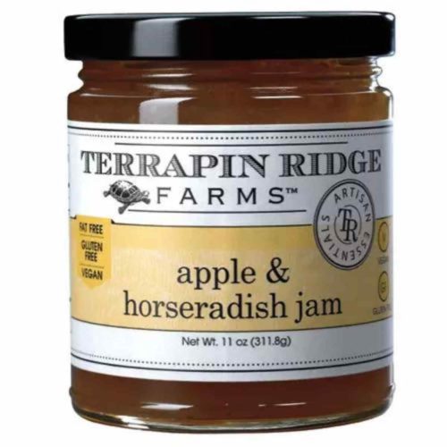 Apple Horseradish Jam is made with the unusual combination of naturally sweet apple juice and the hearty kick of horseradish. It goes beautifully with fish or pork. And it is the perfect partner for a variety of cheeses and meats for your next cheeseboard.
