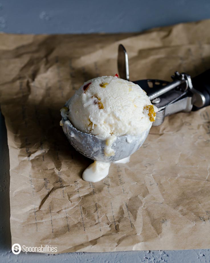 A scoop of ice cream on top of a brown paper bag. Recipe at Spoonabilities.com