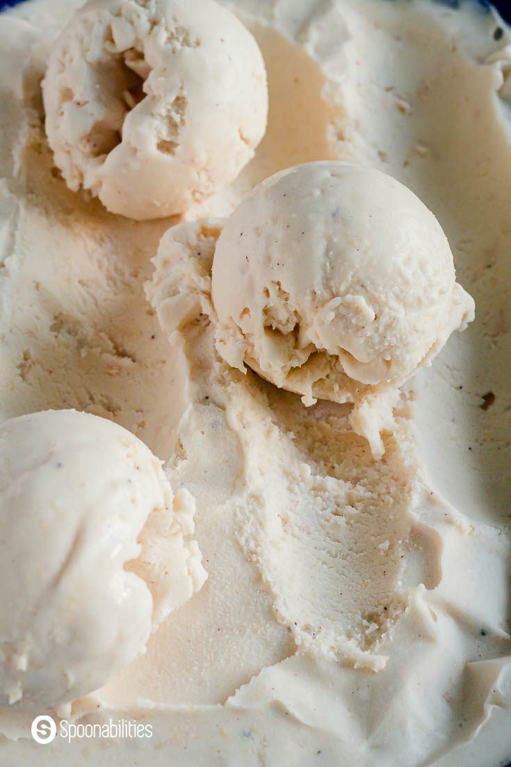 Tied close up of the ice cream in the container. You can see all the crevices and the three scoops really close. Recipe at Spoonabilities.com